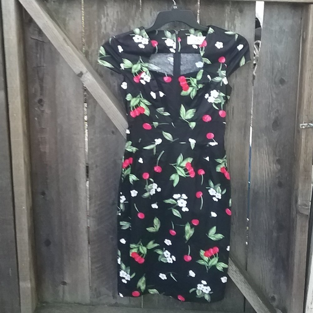 Retro-Style Cherry & Blossom Print Wiggle Dress Cocktail Party Office Date Night